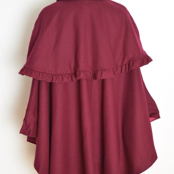 vintage 60s cape coat burgundy wool ruffle caplet jacket tiered Sherlock draped - Picture 10 of 11